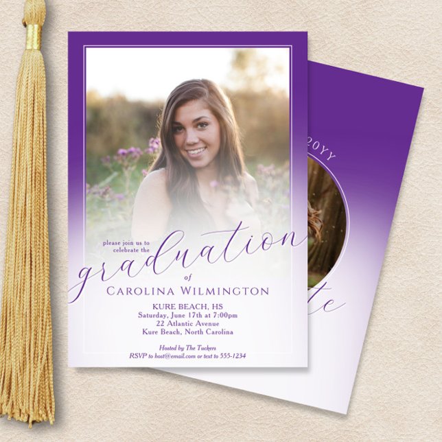 Convites Modern Script Purple Ombre Photo Graduation (Criador carregado)