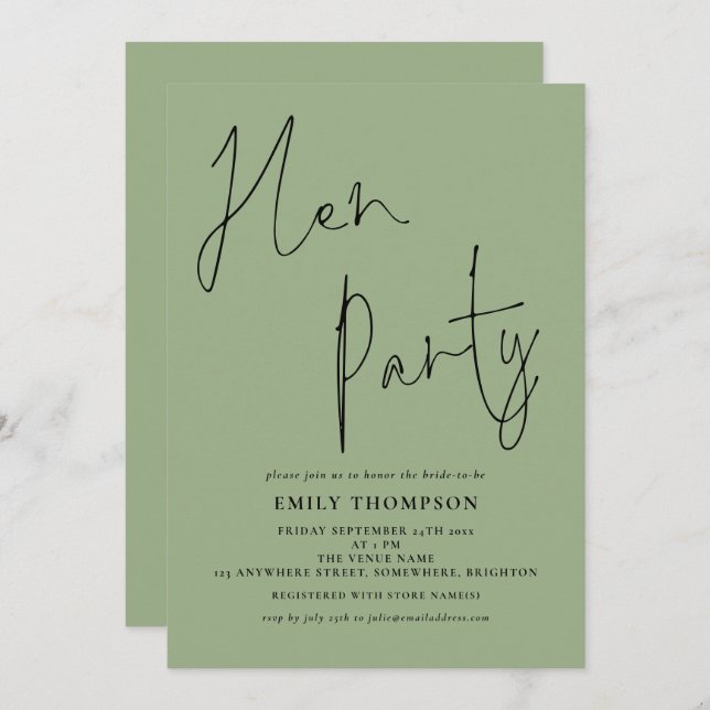Convites Modern Script Sage Green Hen Party (Frente/Verso)