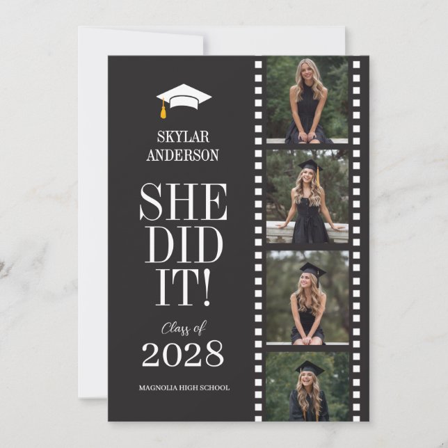 Convites Modern Script Senior Photo Graduation Black Reel (Frente)