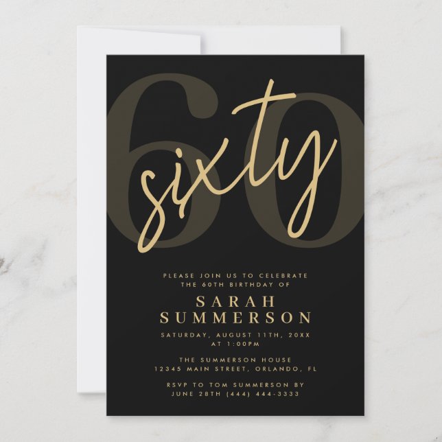 Convites Modern Script Sixty Black Gold 60th Birthday Party (Frente)