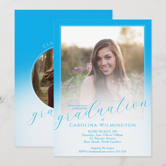 Convites Modern Script Sky Blue Ombre Photo Graduation (Frente/Verso)