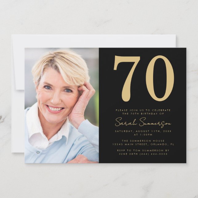 Convites Modern Seventieth Black Gold Photo 70th Birthday (Frente)