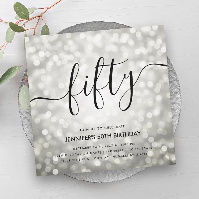 Convites Modern Silver Glitter Luz 50º Aniversário (Modern Silver Glitter Lights 50th Birthday Invitation)