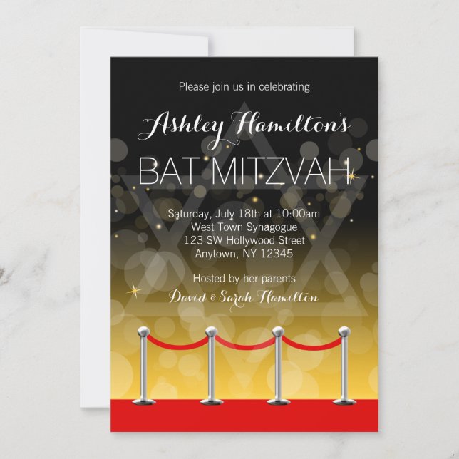 Convites Modern Silver Red Carpet - Bat Mitzvah (Frente)