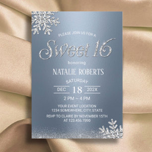 Convites Modern Silver Snowflake Dusty Blue Winter Sweet 16