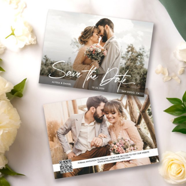 Convites Modern Simple 2 foto QR code website do casamento (Modern wedding, save the date 2 photo cards)