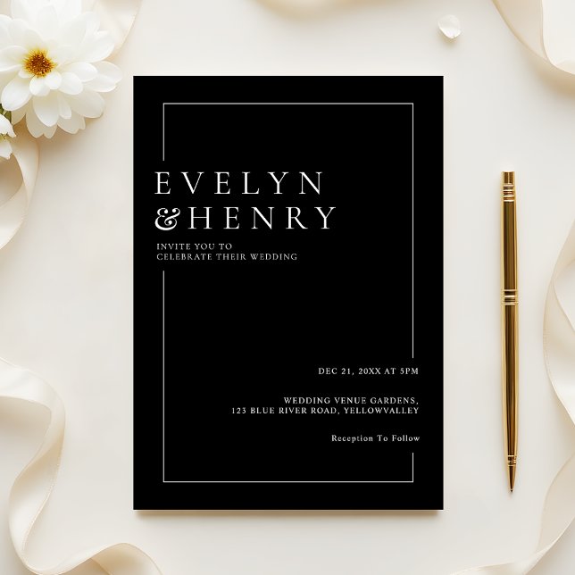 Convites Modern Sleek Black White Border Wedding (Criador carregado)