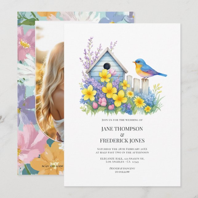 Convites Modern Spring Floral Wedding Photo and QR Code (Frente/Verso)