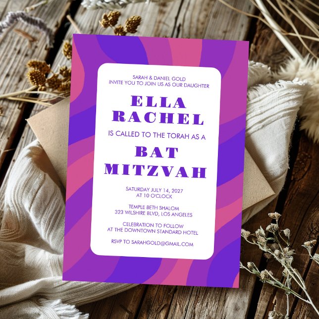 Convites Modern Stripe Groovy Purple Bar Bat Mitzvah (Modern Abstract Groovy Purple  Bold Custom Bar Bat Mitzvah Invitation
)