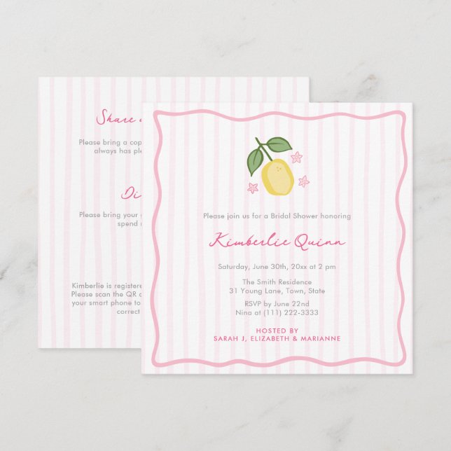 Convites Modern Stripes Hand-Drawn Lemon Bridal Shower (Frente/Verso)