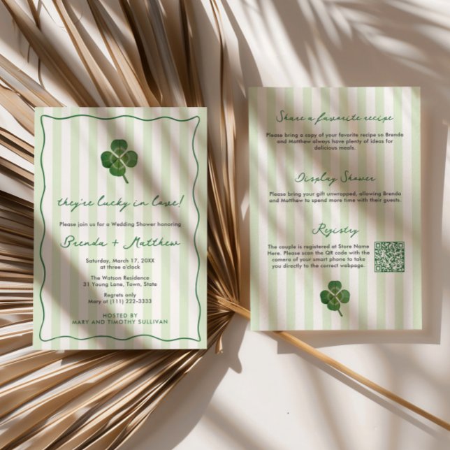 Convites Modern Stripes St Patrick's Couples Wedding Shower (Lucky In Love St Patricks Day wedding shower invitations with modern stripes and squiggle border)