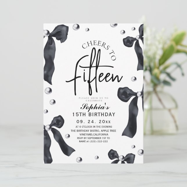 Convites Modern & Stylish Black Bow Birthday Party (Em pé/Frente)