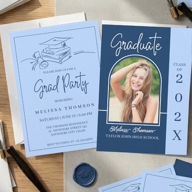 Convites Modern Stylish Blue Arch Photo Graduation Party  (Criador carregado)