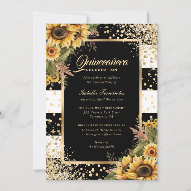 Convites Modern Sunflower Gold Black White Quinceañera (Frente)