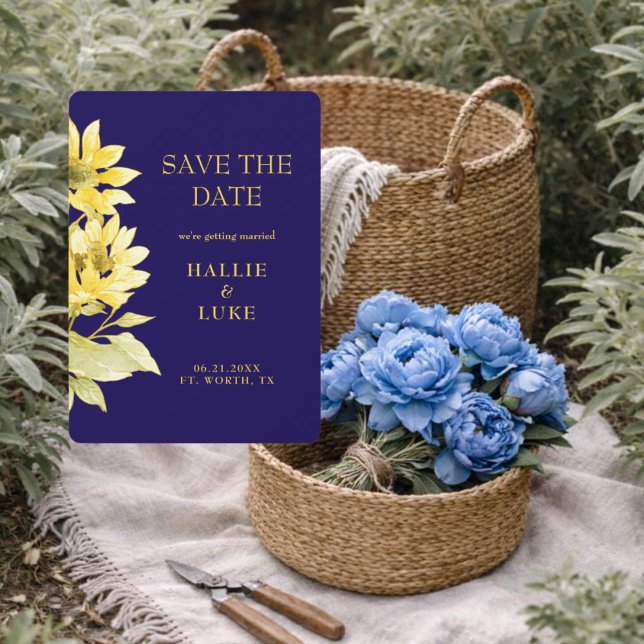 Convites Modern Sunflower Navy Wedding Save the Date (Criador carregado)