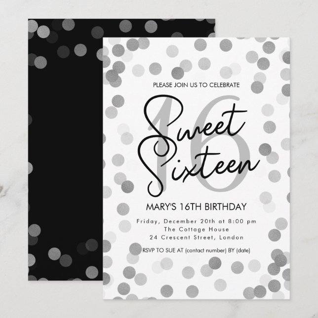 Convites MODERN Sweet 16 Birthday Silver Chic Glitter (Frente/Verso)