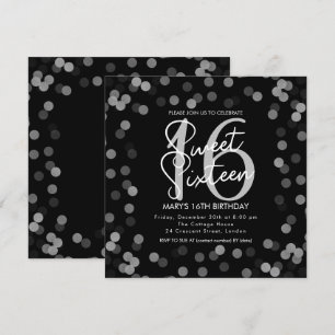 Convites MODERN Sweet 16 Birthday Silver Chic Glitter Black