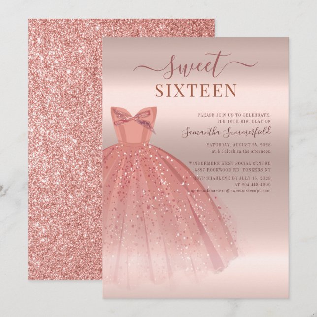 Convites Modern Sweet 16 Glitter Script Rosa Dourado Aniver (Frente/Verso)