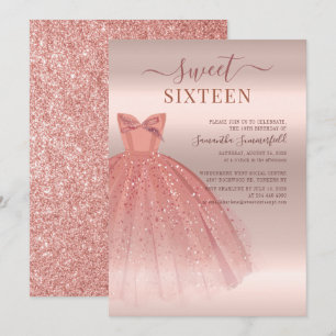 Convites Modern Sweet 16 Glitter Script Rosa Dourado Aniver