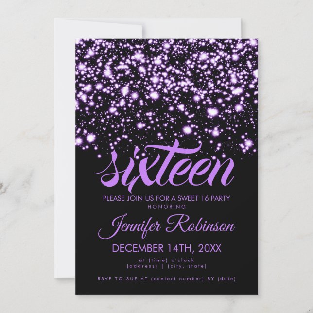 Convites Modern Sweet 16 Purple Midnight Glam (Frente)