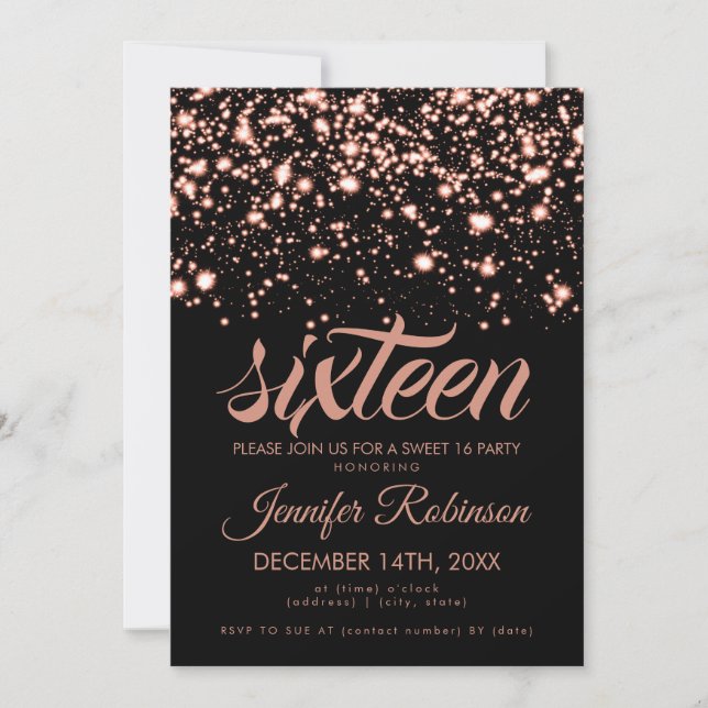 Convites Modern Sweet 16 Rosa Dourado Midnight Glam (Frente)
