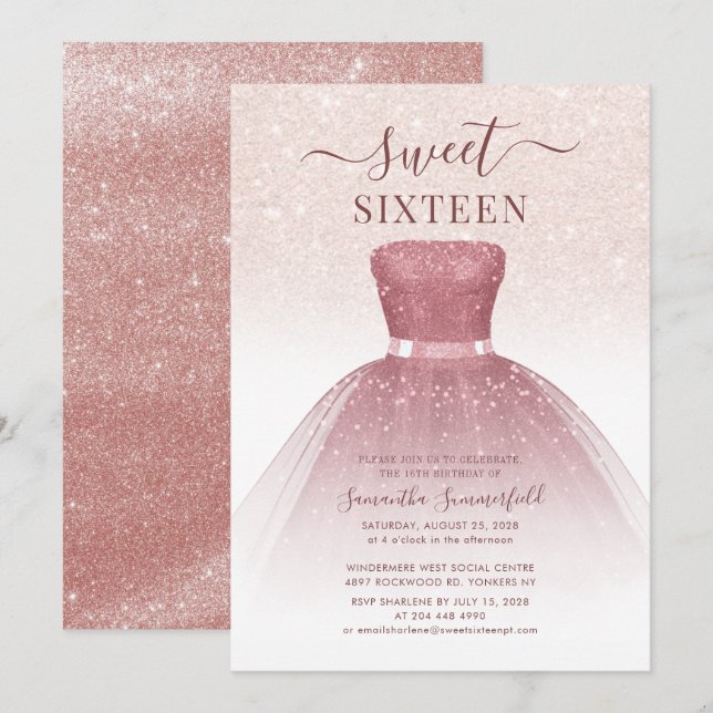 Convites Modern Sweet 16 Rosa Dourado Script Glitter Birthd (Frente/Verso)