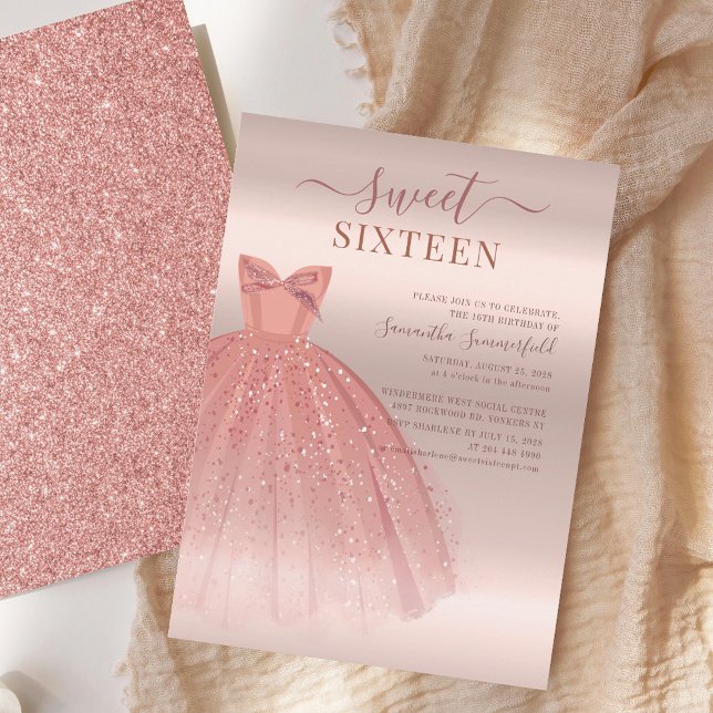 Convites Modern Sweet 16 Script Birthday (Sweet 16 Rose Gold Glitter Dress Birthday Party Invitation)