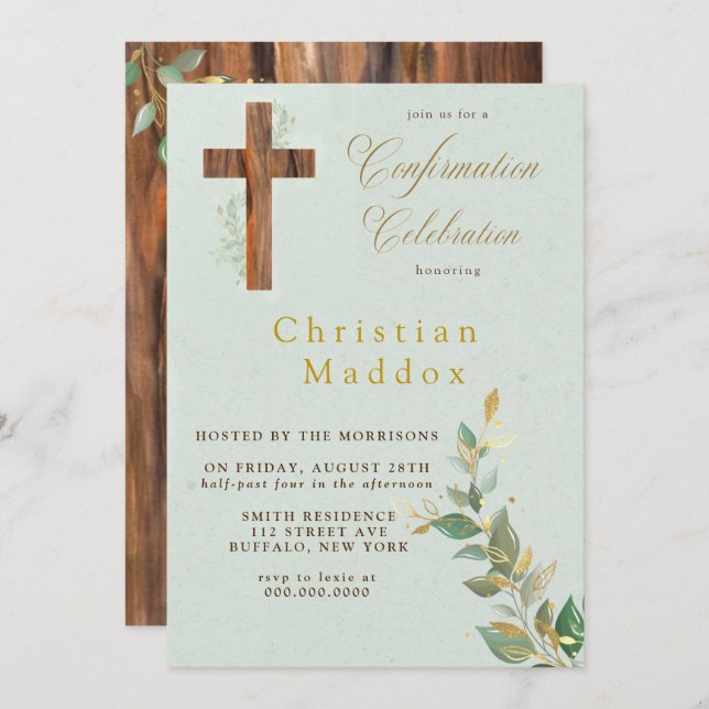 Convites Modern Tan WoodSou confirmação Dourada (Frente/Verso)