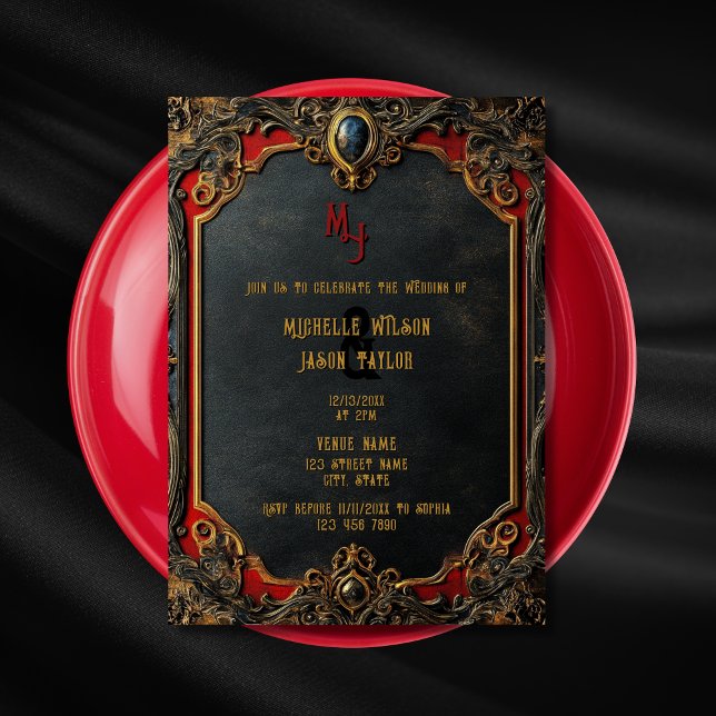 Convites Modern Tarot Gothic Black e Dourado Monograma (black, gold and red gothic medieval wedding invitation)