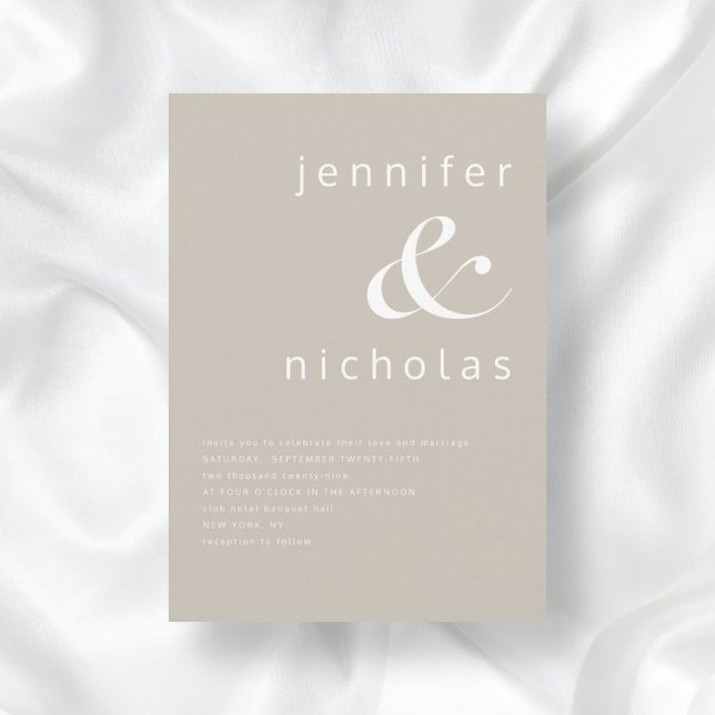 Convites Modern Taupe Ampersand Wedding (Front / Taupe Beige Simple Minimalist Typography Wedding Invitation)