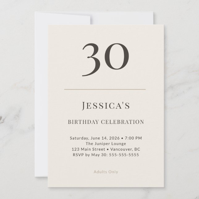 Convites Modern Taupe & Cream 30th Birthday Celebration (Frente)