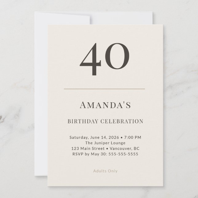 Convites Modern Taupe & Cream 40th Birthday Celebration (Frente)