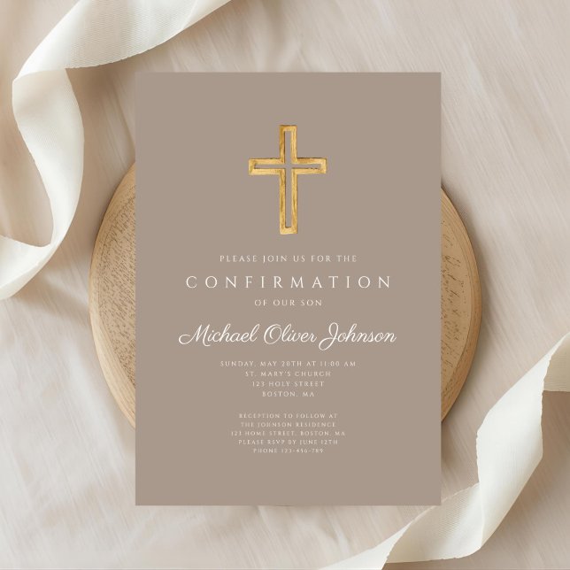 Convites Modern Taupe Religious Cross Boy Confirmation (Modern Taupe Religious Cross Boy Confirmation Invitation)