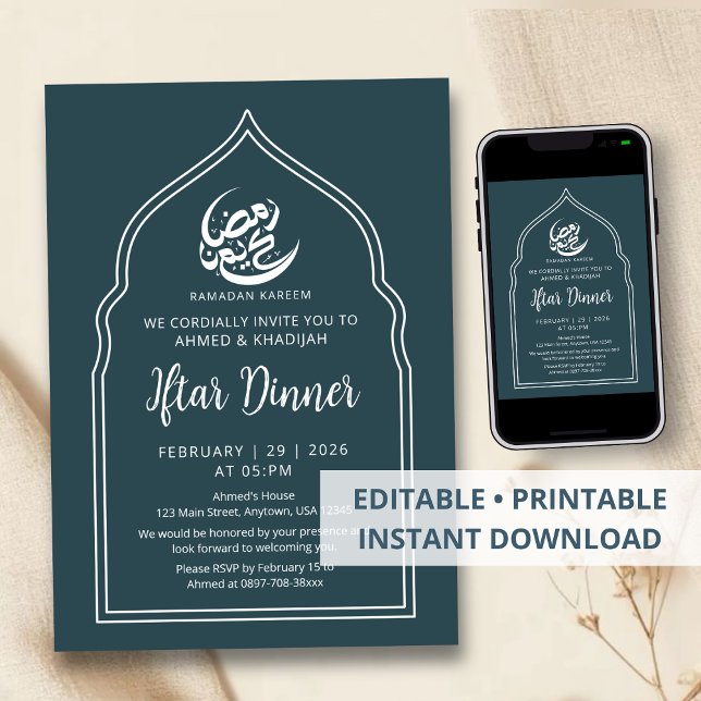 Convites Modern Teal Arch Ramadan Iftar Dinner Invitation (Criador carregado)