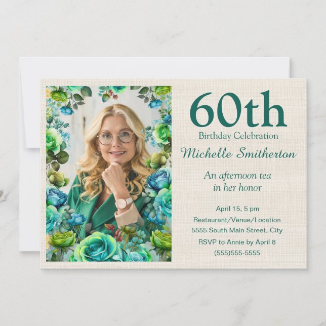 Convites Modern Teal Blue Green Flowers 60th Birthday Photo (Frente)