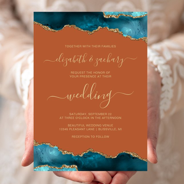Convites Modern Teal Gold Agate Script Burnt Orange Wedding (Criador carregado)