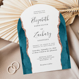 Convites Modern Teal Rose Gold Agate Arch Wedding