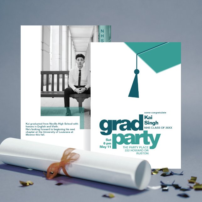 Convites Modern Teal Typography & Tassel Grad Party Photo (Criador carregado)