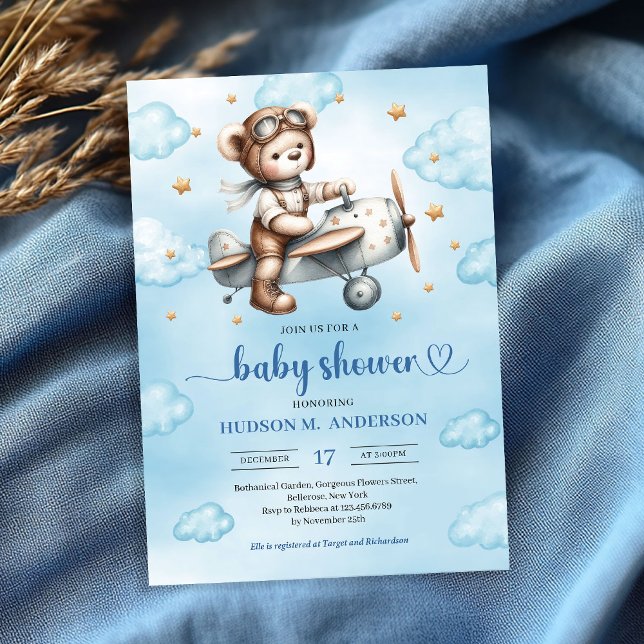 Convites Modern Teddy Bear Pilot Blue Brown Boy Shower   (Modern Teddy Bear Pilot Blue Brown Boy Shower Invitation

)