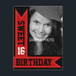 Convites Modern Teen Sweet 16th Birthday Red Ribbons<br><div class="desc">Um design preto e vermelho brilhante muito moderno e na moda que funciona bem com fotografias pretas e brancas da sua filha celebrando seu doce 16º aniversário! Este design apresenta fitas vermelhas intensas com estilo pontilhado ousado com letras de blocos esportivos universitários em preto e branco na frente, com uma...</div>