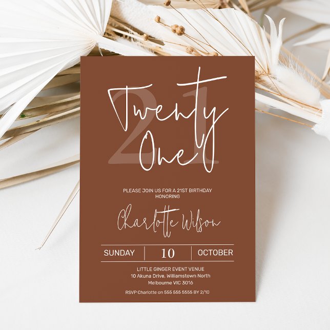 Convites Modern Terracotta - aniversário de 21 anos Minimal (Modern terracotta 21st birthday invitation featuring a modern calligraphy font  white text.)