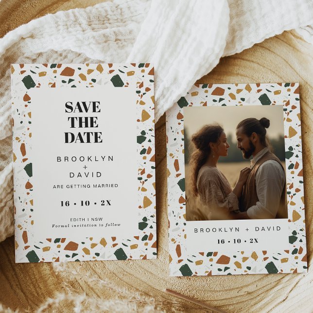 Convites Modern Terrazzo Photo Save The Date Card (Terrazzo wedding save the date card with terracotta flecks and the couple photo on the back.)