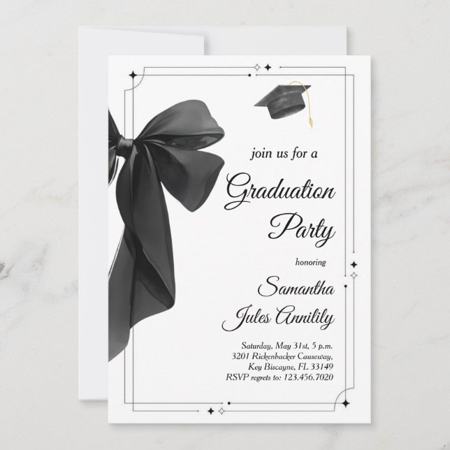 Convites Modern Trendy Black Bow Graduation Party  (Frente)