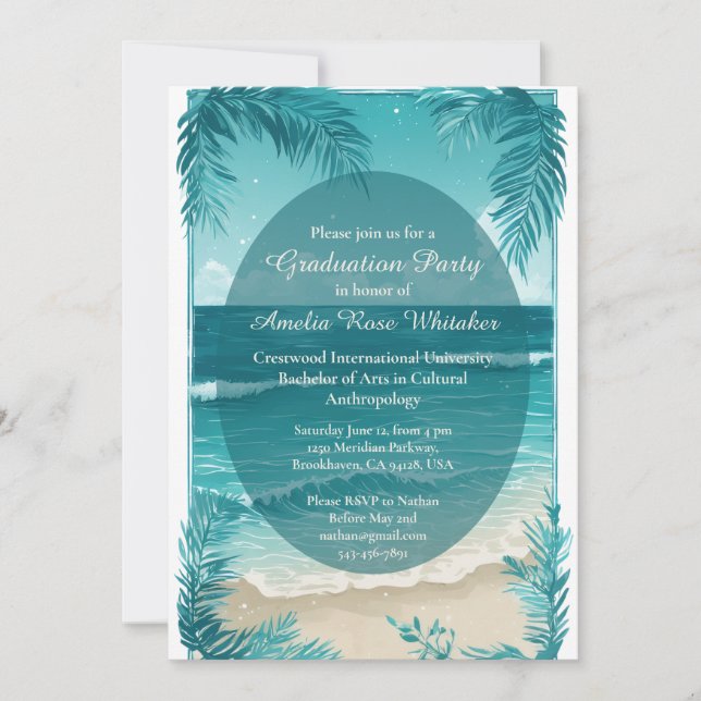 Convites Modern Tropical Beach Turquoise Graduation Party  (Frente)