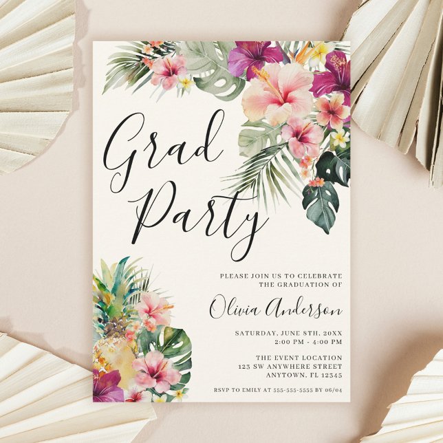 Convites Modern Tropical Floral Beige Graduation Party (Criador carregado)