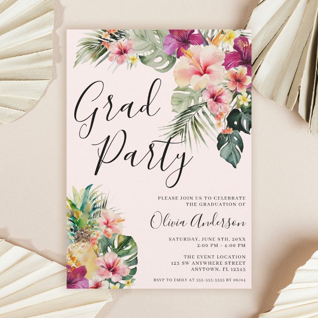 Convites Modern Tropical Floral Pink Graduation Party (Criador carregado)