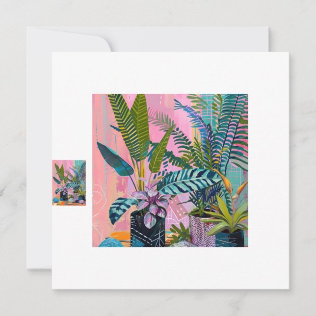 Convites Modern Tropical Plant Print – Pink and Green  (Frente)