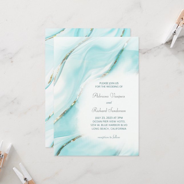 Convites Modern Turquoise Agate Wedding Inv (Frente/Verso In Situ)
