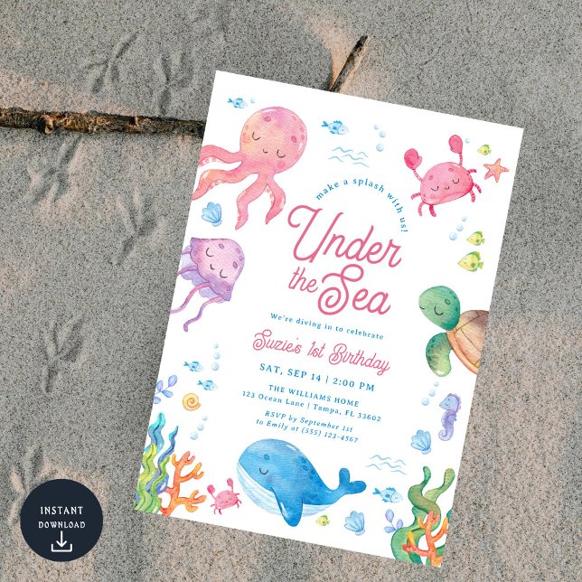 Convites Modern Under the Sea Kids 1st Birthday Party Invit (Criador carregado)