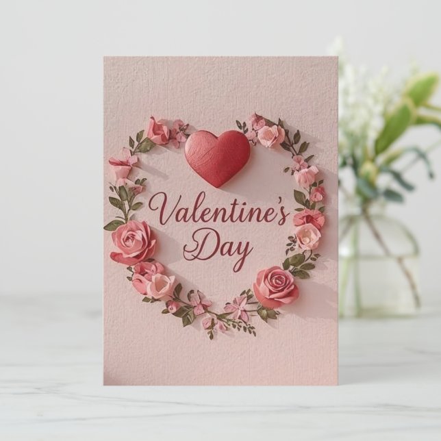 Convites Modern Valentine’s Day Card – Red Heart & Flower (Em pé/Frente)